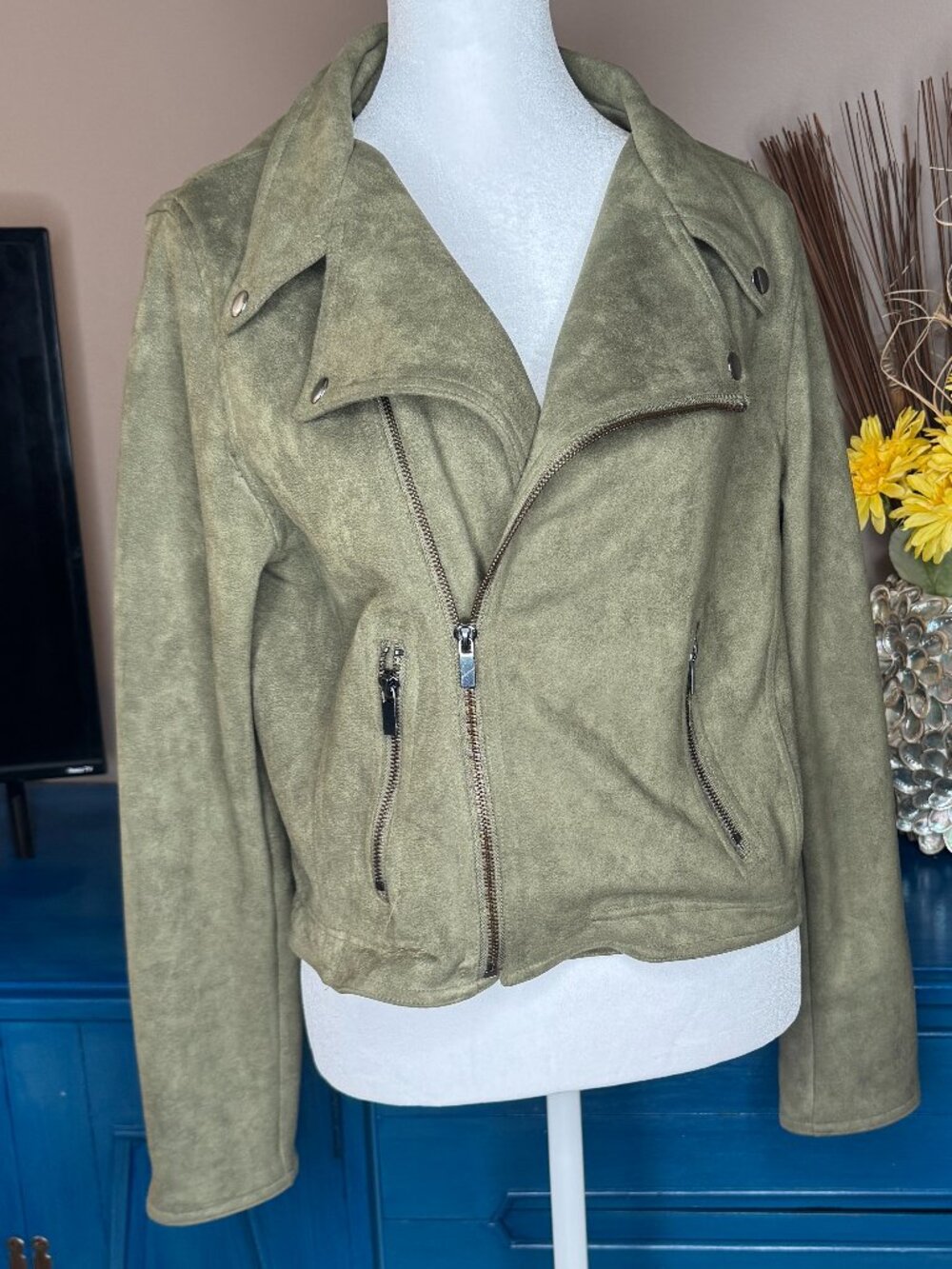 Like New Shinestar Women's Faux Suede Moto Jacket-Olive Green, Size L